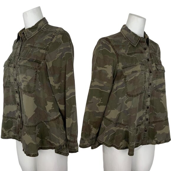 Anthropologie Montana Camo Buttondown Blouse 4P Petite Green Long Sleeve Fall - Picture 3 of 12